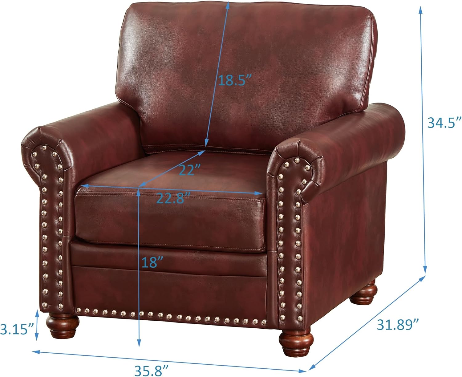 35" Faux Leather Pu Armchair Classic Vegan Leather Accent Chair Elegance Single Seat with Rolled Armrests Nailhead Trim Wood Legs Traditional Living Room 1 Seat-Burgundy