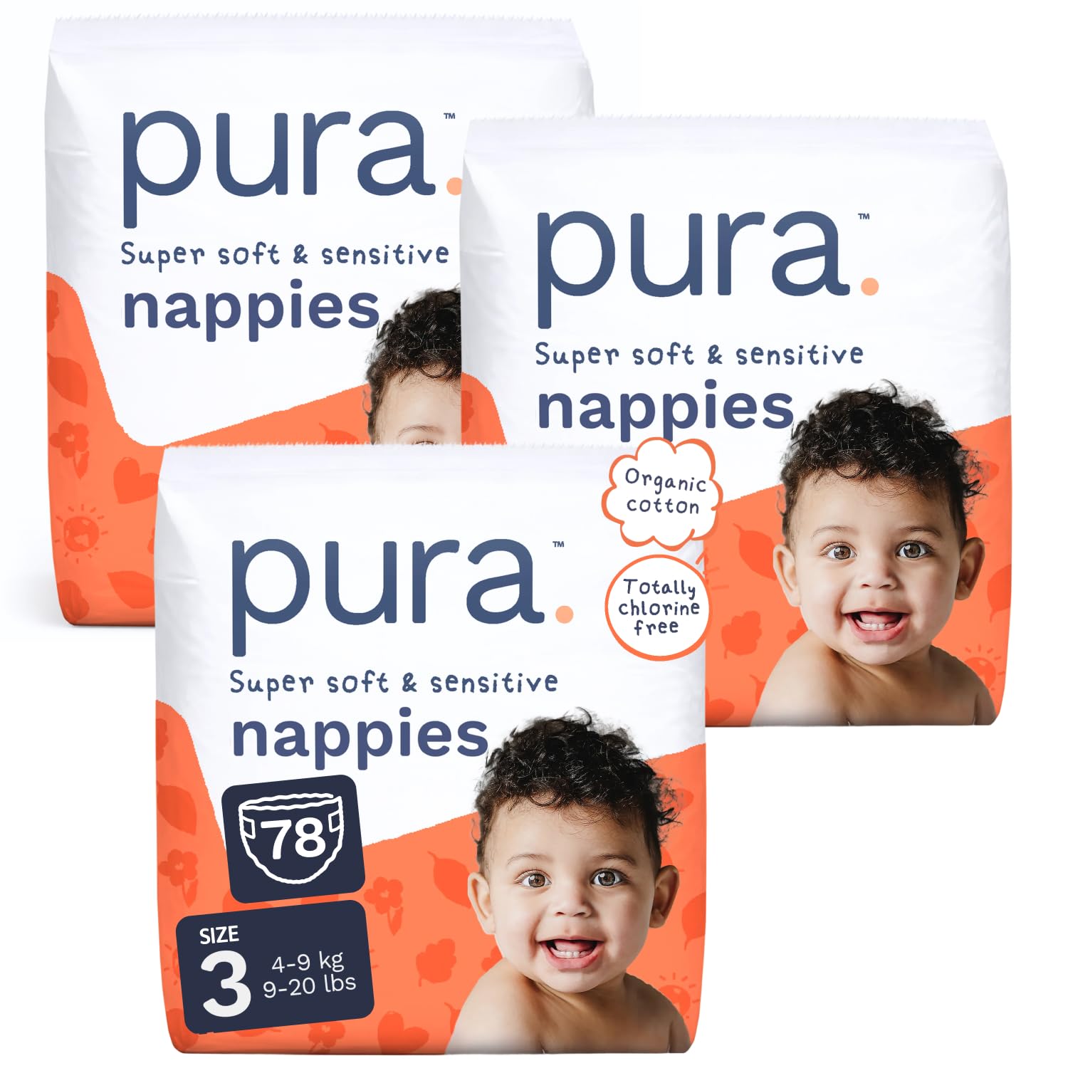 Pura Baby Nappies Size 3, 78 Count, 4-9kg/9-20 lbs, Cloud Soft Premium Nappies for Hypoallergenic & Sensitive Skin, Toxin-Free*, Blowout Blocker™, Up to 12 Hours Leak Protection