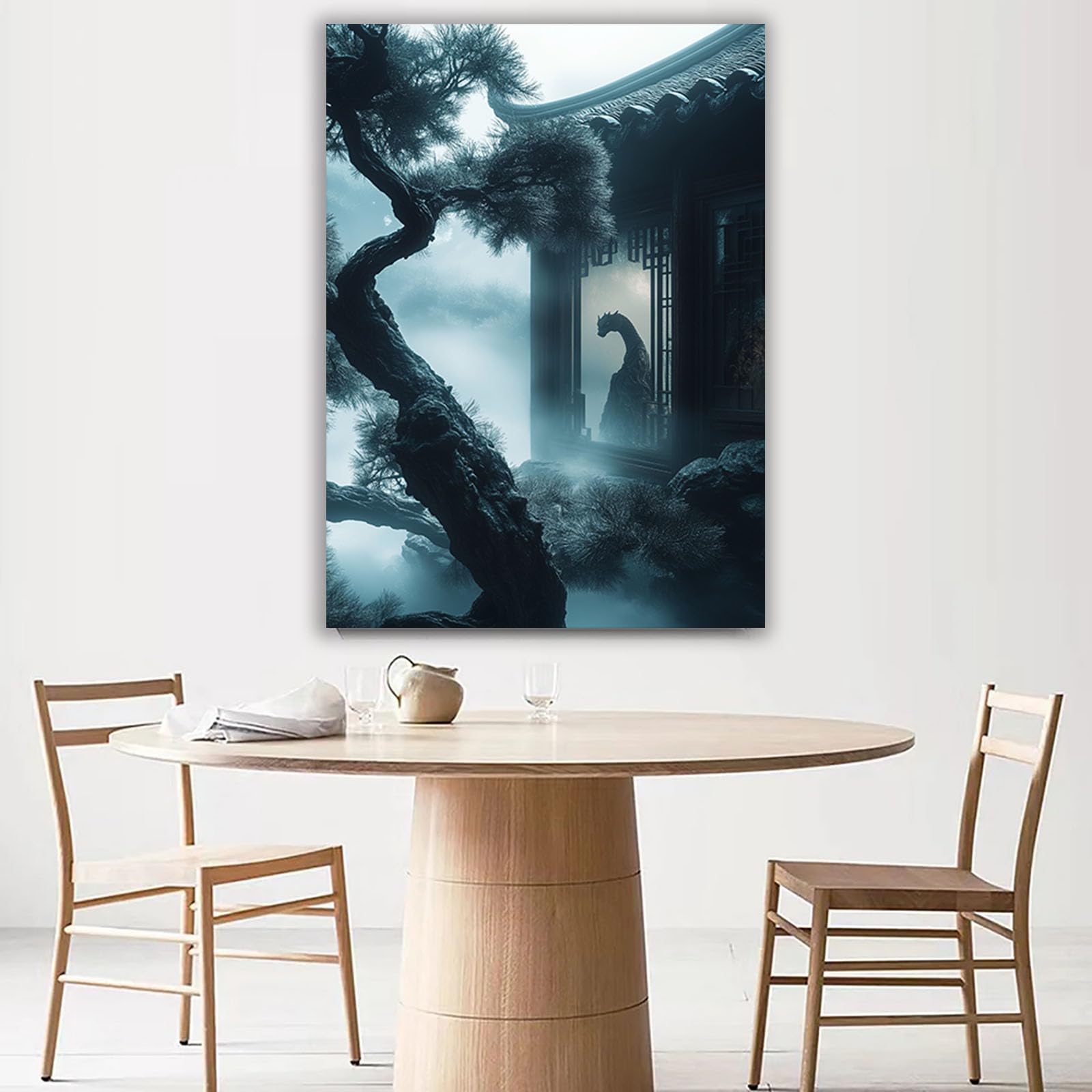 WUFIEA Azjatyckie płótno sztuka ścienna tradycyjna chińska mgiełka sosnowe pawilony do dekoracji domu biura salonu sypialni (Blu foschia) - 60 x 90 cm oprawione