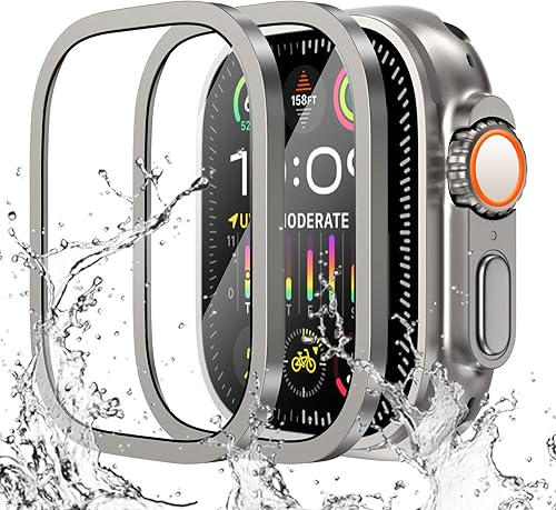 Miniatura 10 de WINGLE Paquete de 2 fundas protectoras de pantalla para Apple Watch Ultra de 1.732 pulgadas, vidrio templado 9H + marco de aleación de titanio
