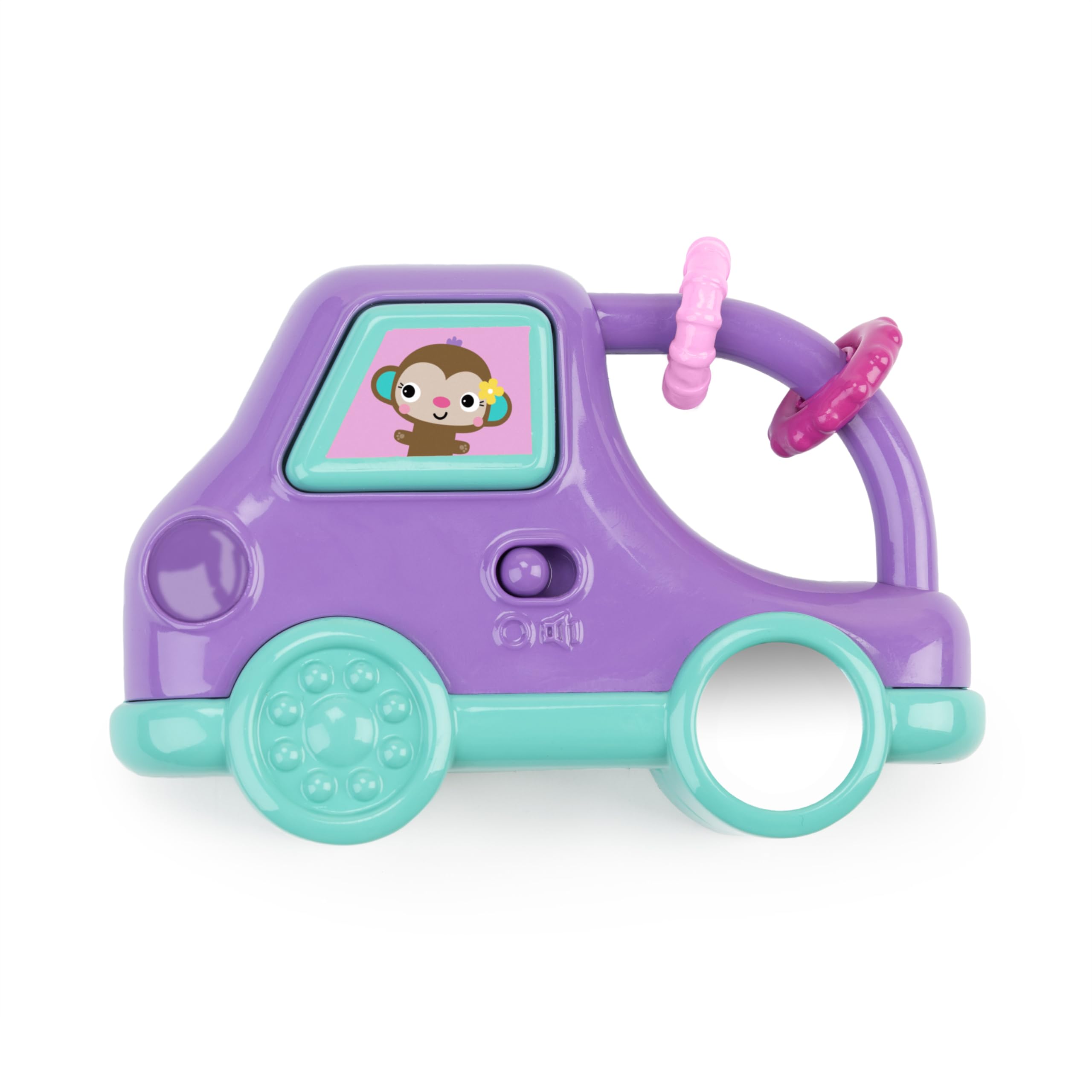 Bright Starts Safari Driver Take Along Toy with Music and Lights, Monkey, On The Go Travel Activity, Unisex, Purple, 3 Months+