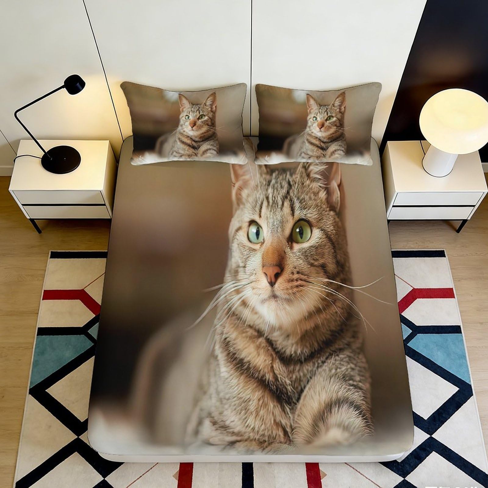 3D Printed Realistic Cat Pattern Fitted Sheet Microfiber Soft Breathable 3D Cat Face Bed Cover for Bedroom Dormitory Guest Room Mattress Protection 140x200x25cm