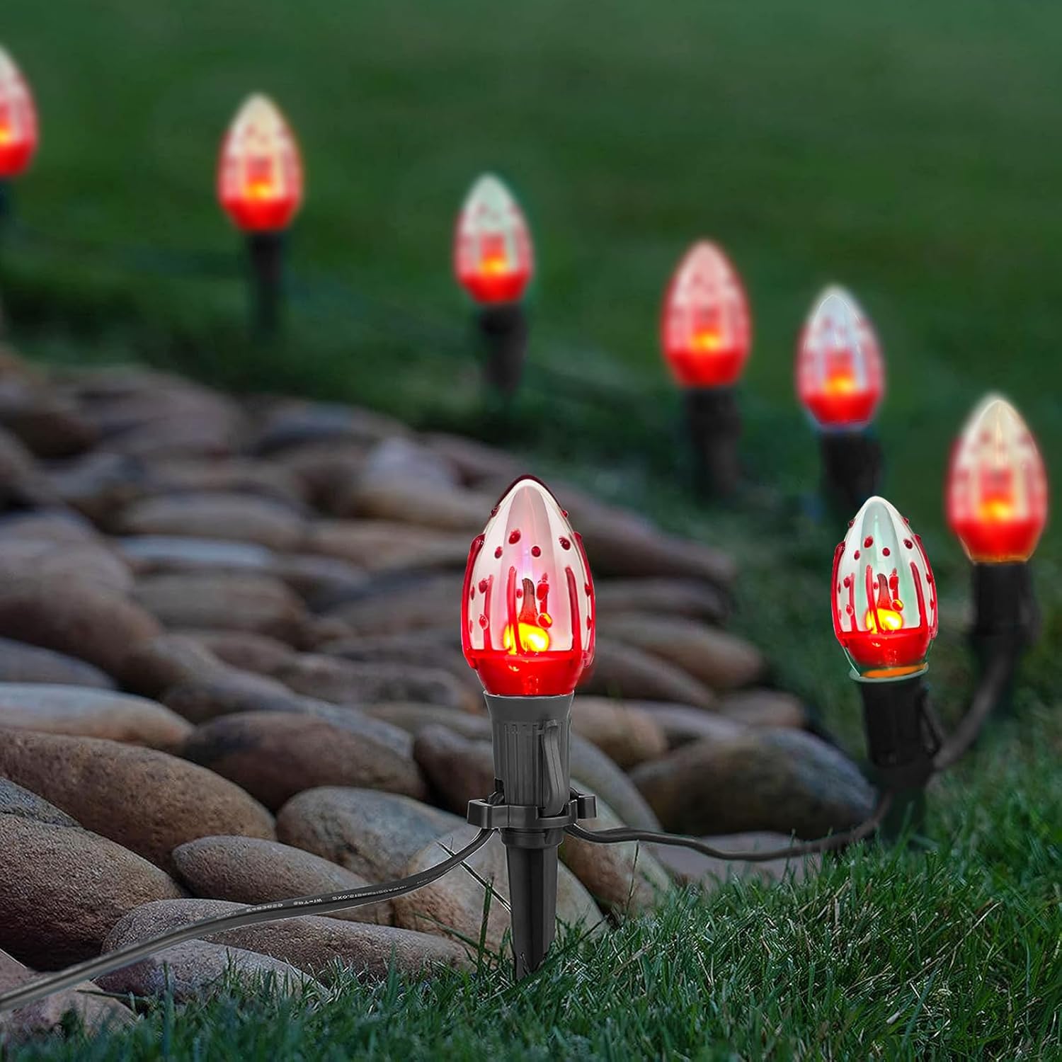 38Ft Outdoor Halloween Decorations Pathway Lights, C9 Flickering Flame Pathway String Lights with 25 Stakes Lights, Plug in Halloween Walkway Light Waterproof for Lawn Yard Sidewalk Garden 38FT Red Flicker Flame
