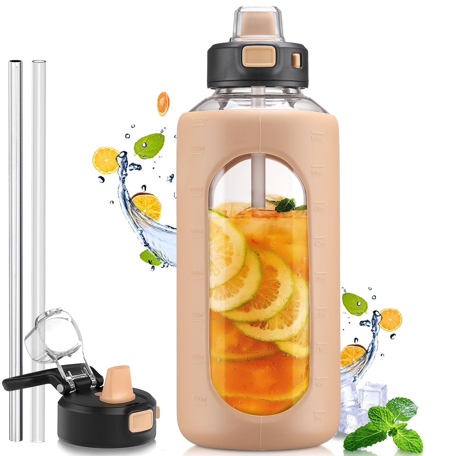 Kodrine64 oz Half Gallon Water Bottle with Straw, Large Glass Water Bottle with Locking Leak-Proof Lid and Soft Silicone Spout, Water Jug with Carry Handle, Motivational Time Marker, Amber