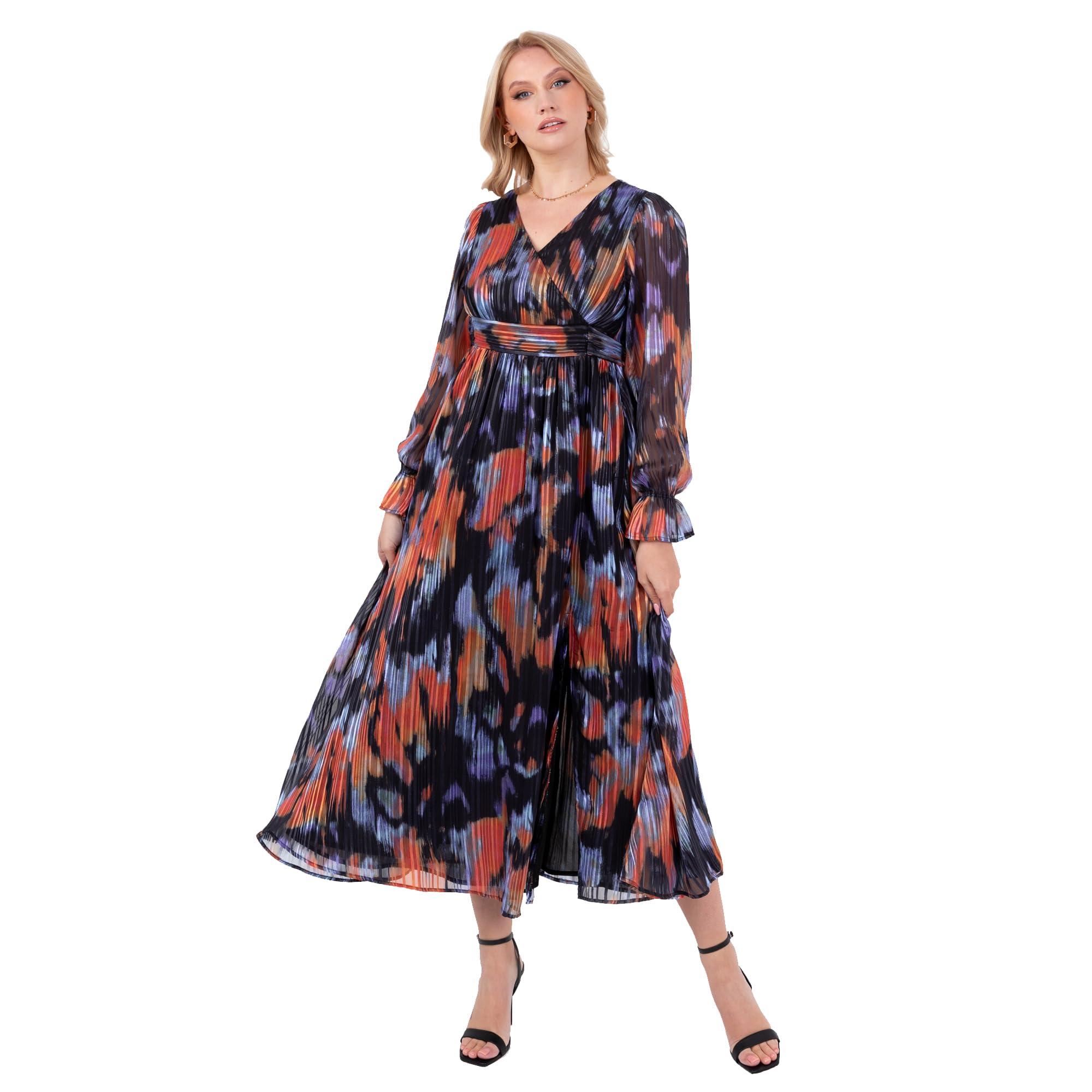Lovedrobe Midaxi Women's Ankle-Length Long Sleeve V-Neck Faux Wrap Front Tie Belt Abstract Print A-line Evening Party Dress