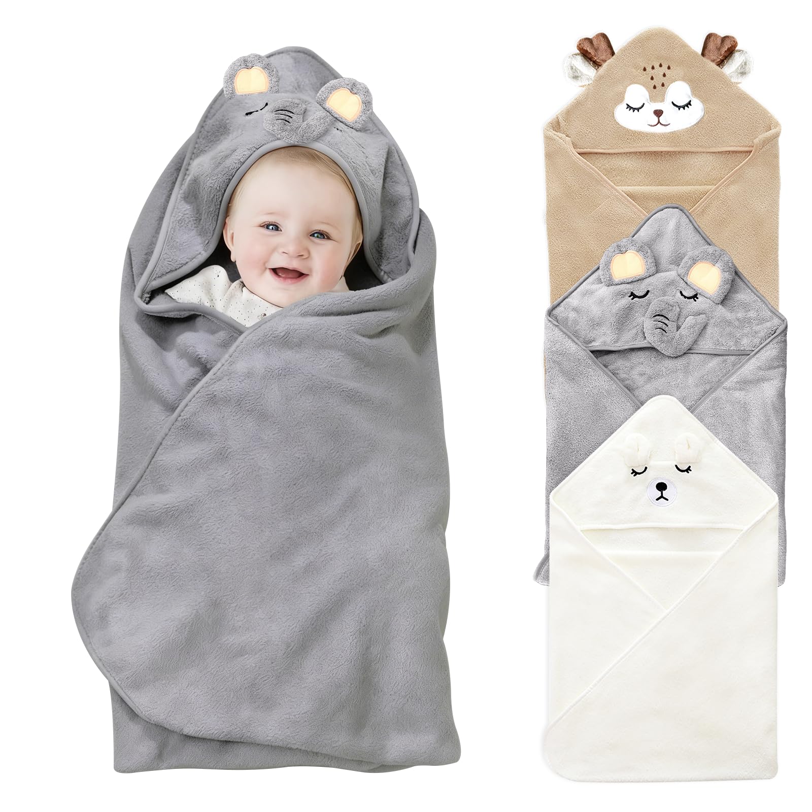 Lot de Serviettes de Bain à Capuche pour bébé - en Polaire Corail Moelleuse - Douce et Super absorbante - 80 x 80 cm - Serviette de Bain absorbante (3, Éléphant Gris avec cerf caféiné)