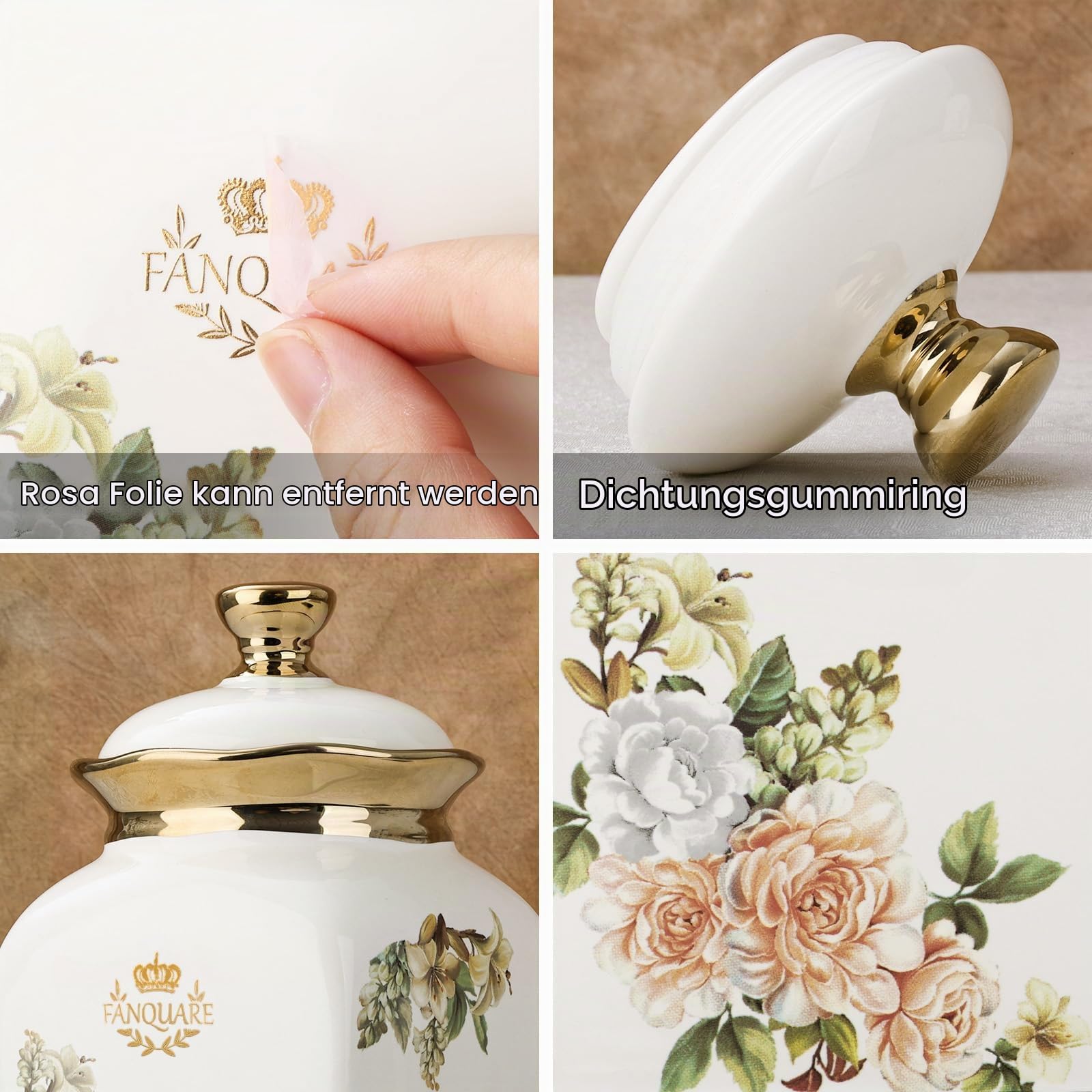 fanquare 3 Stück Vintage Blumenspeicher-Gläser mit Deckel, Keramiktassen für Tee, Kaffee, Zucker, luftdichte Lebensmittelaufbewahrungsgläser für Zuhause, Küche, Geschenke