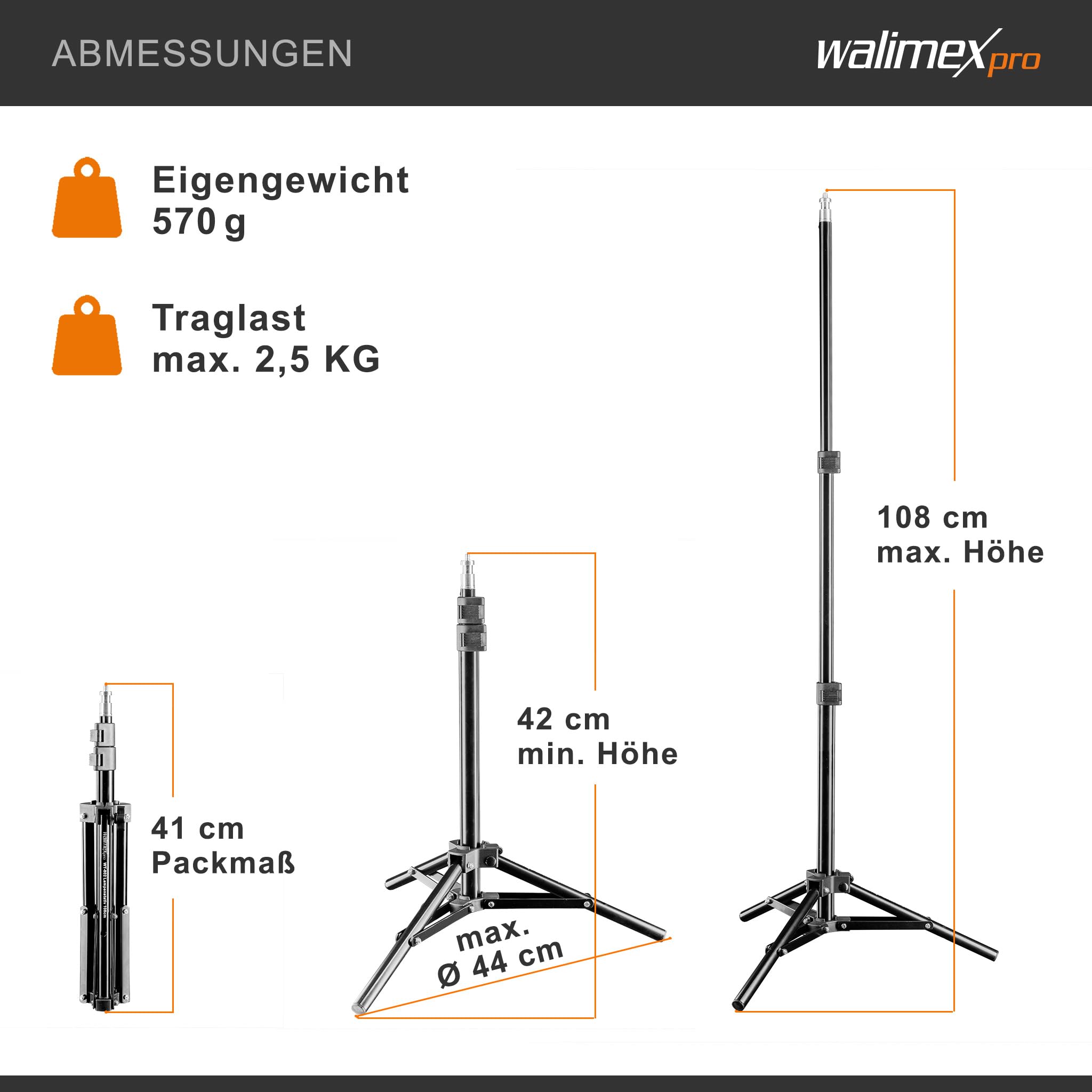 Walimex WT-802 Lampenstativ 108 cm, höhenverstellbares Lichtstativ belastbar bis 2,5 kg, Studiostativ mit 5/8 Zoll Spigot, Blitzstativ mit 1/4 und 3/8 Zoll Gewinde
