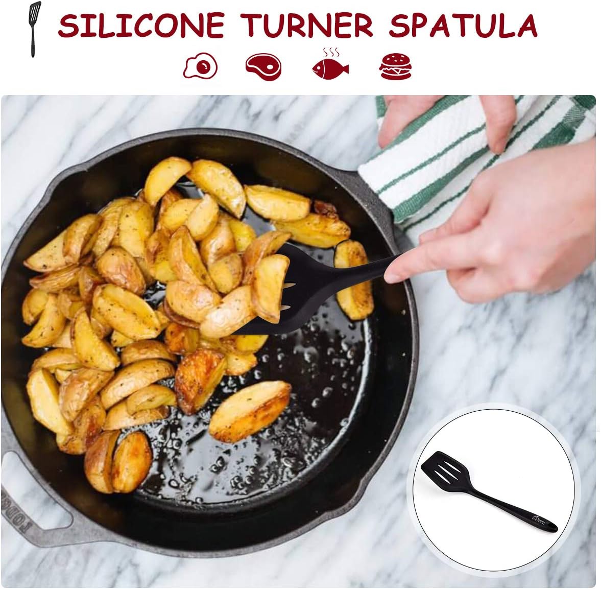 HOTEC Silicone Slotted Fish Turner Spatula Set Flipper Spatulas for Baking, Cooking Heat Resistant Non Stick Cookware Strong Dishwasher Safe Black,2: Home & Kitchen