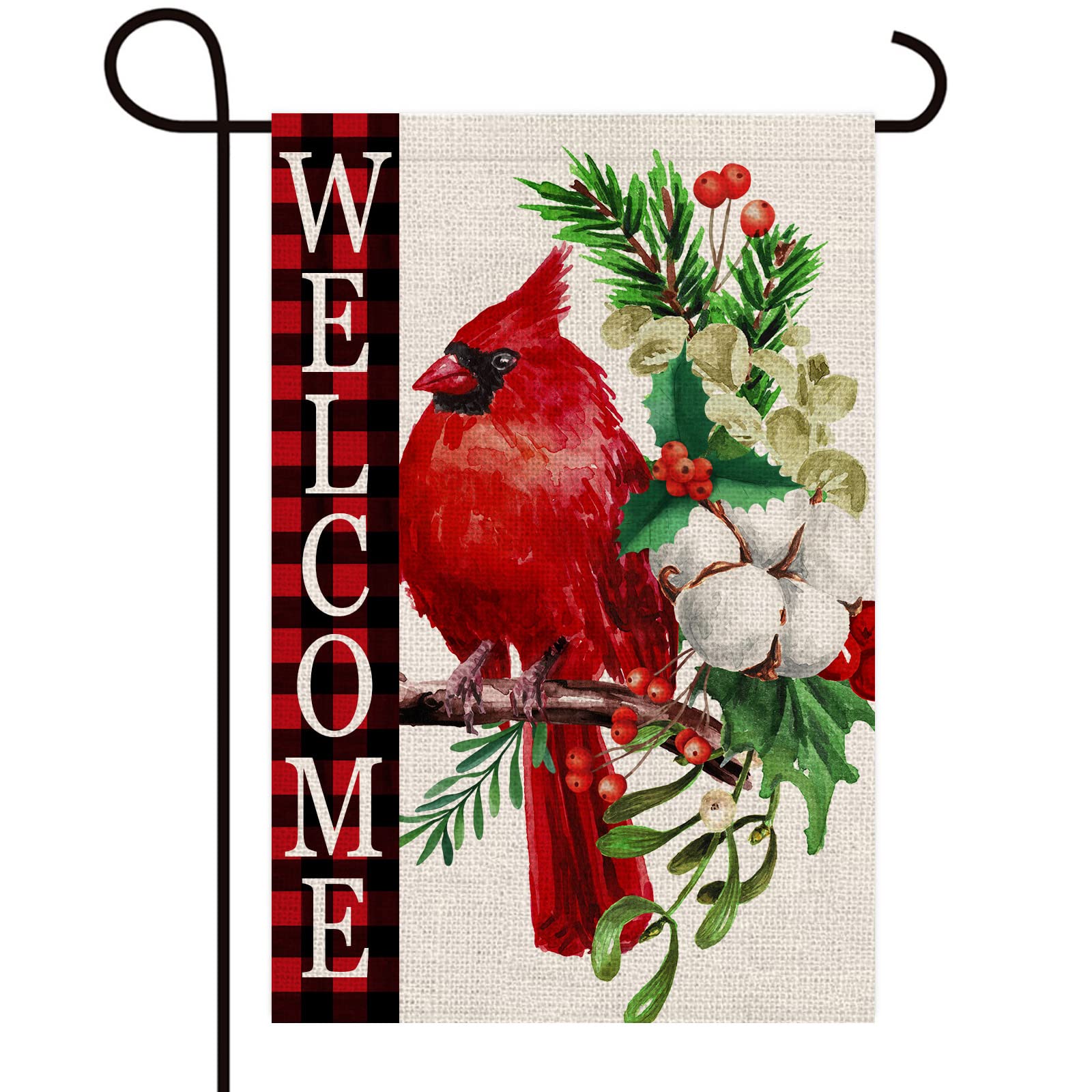Texupday Welcome Winter Cardinal Branches Berry Buffalo Check Plaid Decor Christmas Double Sided Vertical Burlap Garden Flag Rustic Farmhouse Party Outdoor Yard Banner 12" x 18"