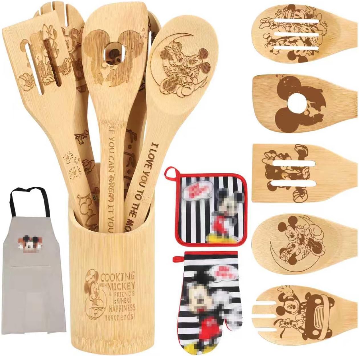 Wooden Spoon for Cooking- Cartoon Wooden Spoons Bamboo Utensils Set Kitchen Decoration- Birthday Gift Kitchen Accessory with Cute Apron Oven Mitt Potholder- Best Kitchen Gifts for Women Friends (Grey)
