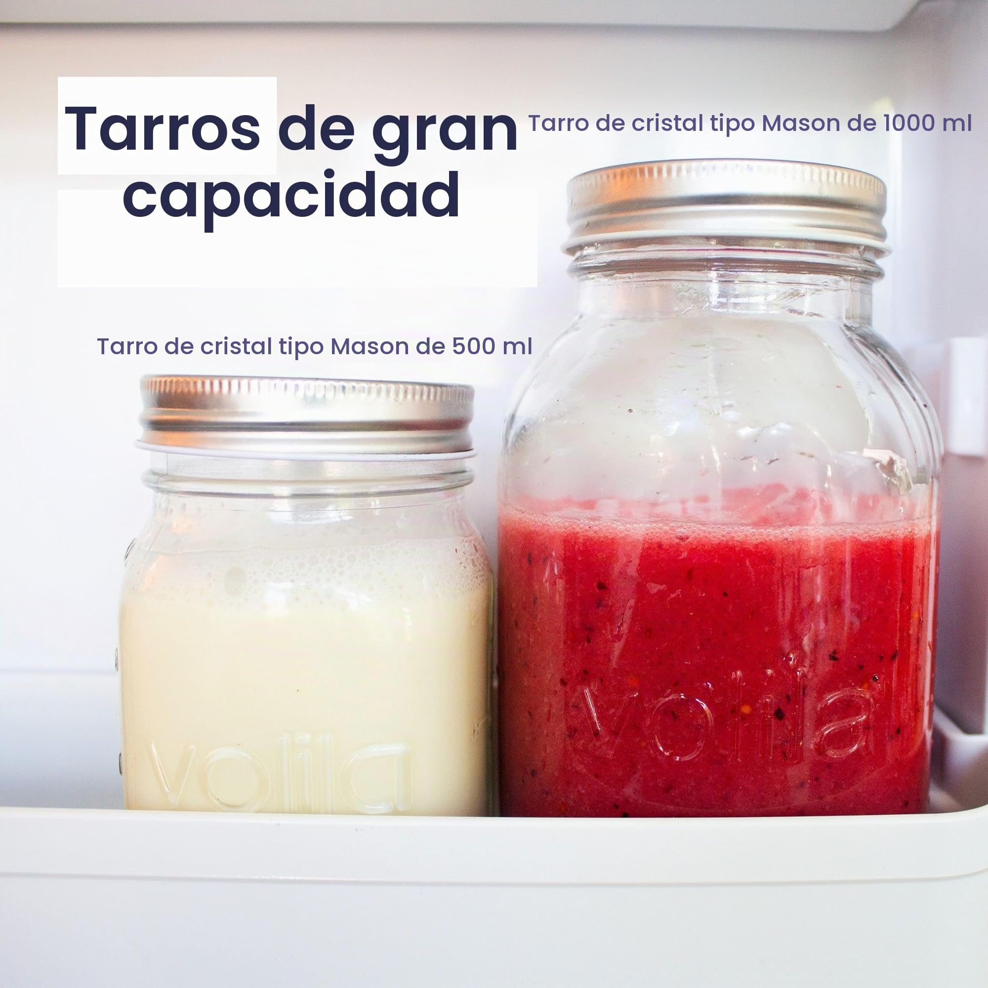 volila Tarros De Cristal 1 L - Mason Jars Frascos De Vidrio Con Tapa - Pack de 6 - Botes Cristal Pequeños para Avena Nocturna, Incluye Etiquetas, Bolígrafo y Esponja