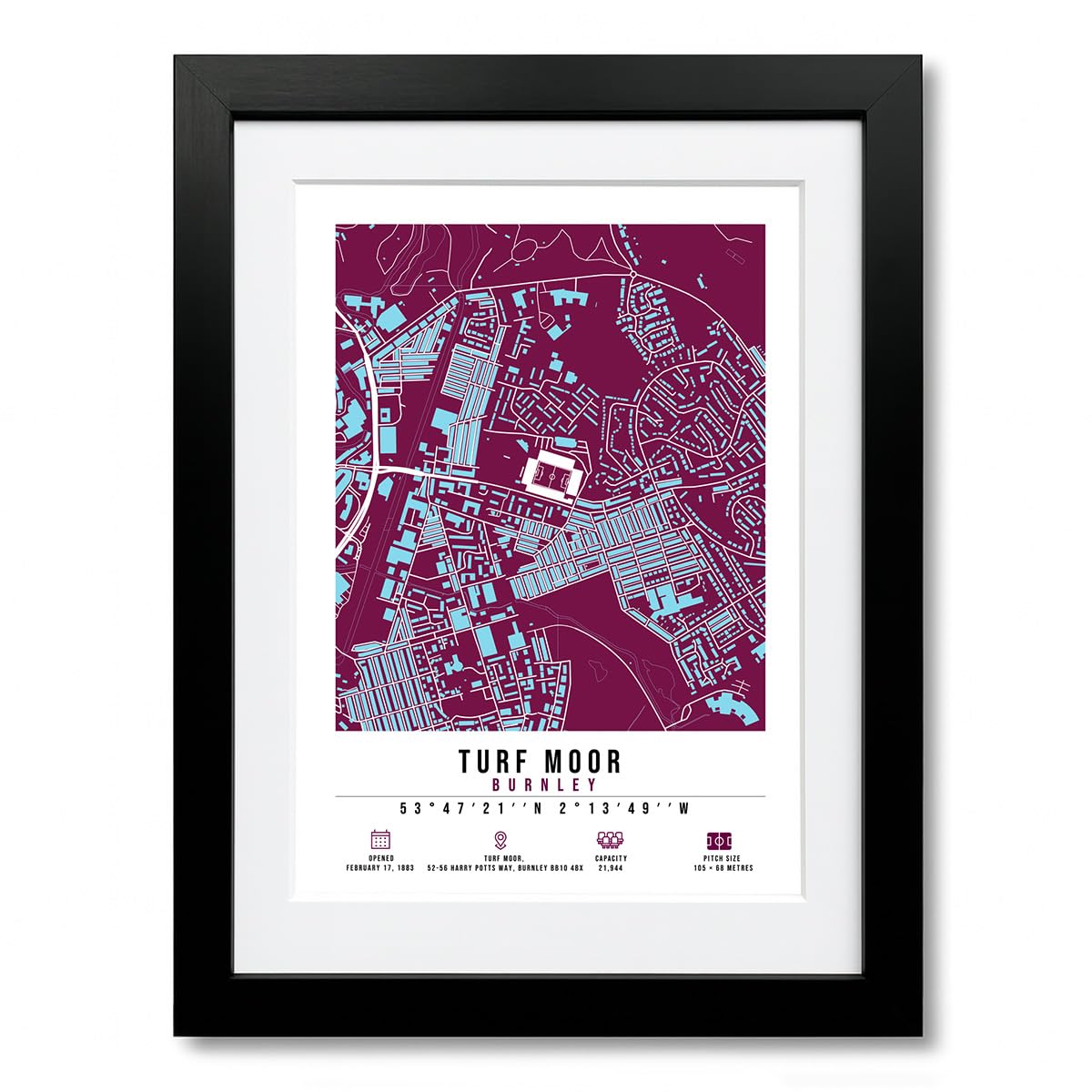 Turf Moor Stadium Map Minimalist A4/A3 Poster Photo Print Framed Gift Burnley (A4 Black Framed & Mounted)