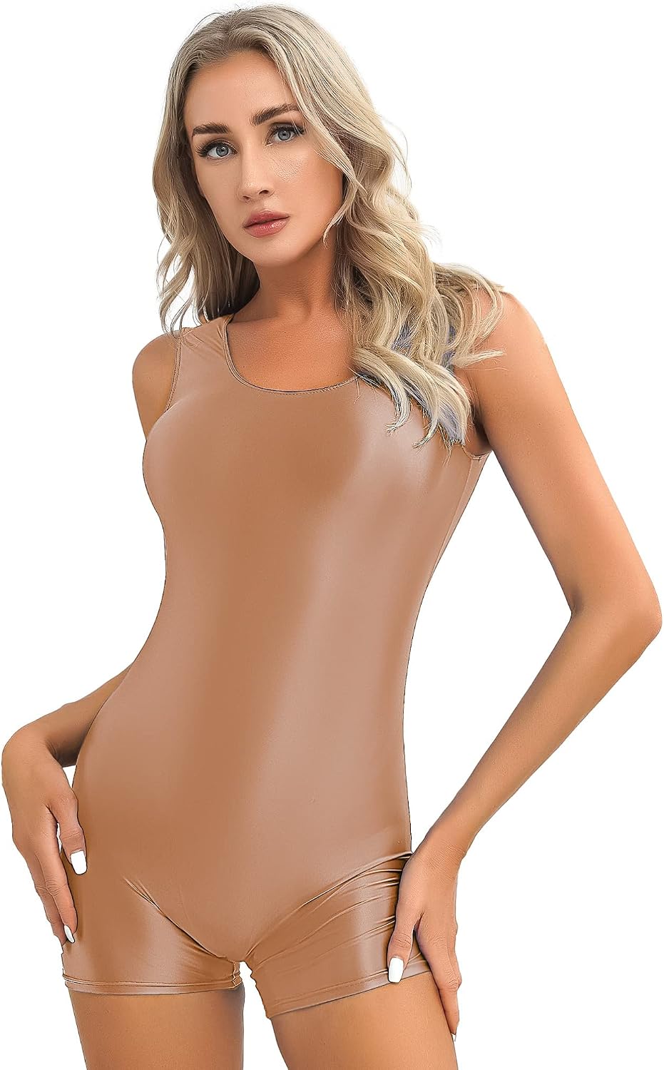 Jhaoyu Women Glossy Sleeveless Jumpsuit Yoga Dance Bodysuit One Piece Swimsuit Swimming Costume