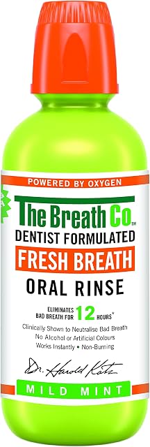 The Breath Co Fresh Breath Oral Rinse - Dentist Formulated - Alcohol-Free Oral Mouthwash for 12 Hours of Fresh Breath - Mild Mint Flavour, 500 ml