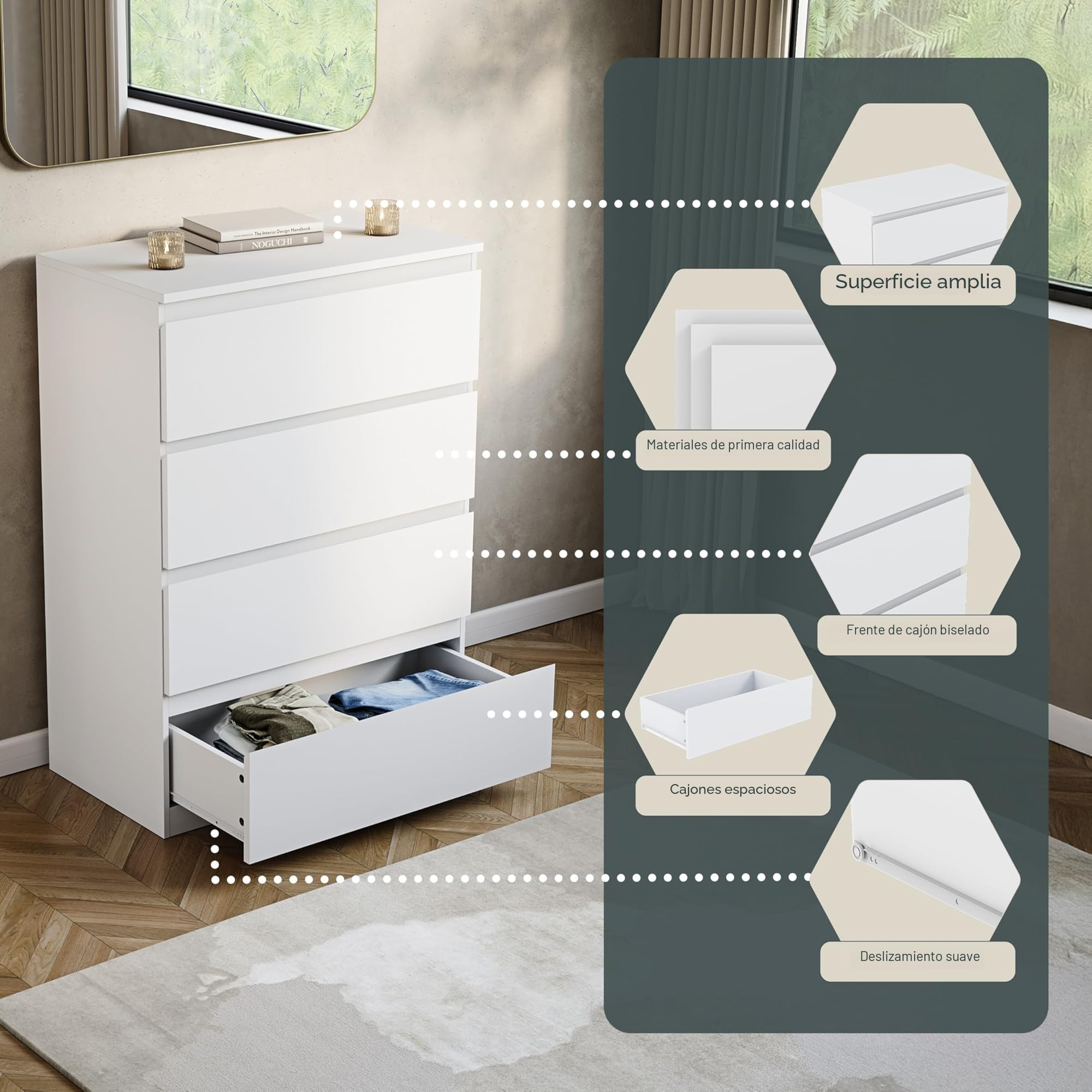 Vida Designs Cajonera Denver (Blanco, 4 cajones)