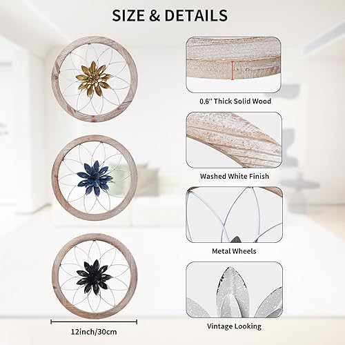 Miniatura 9 de Paquesta Decoración de pared redonda de 3 piezas con 6 flores intercambiables de 12 pulgadas, medallón de madera y metal, arte de pared rústico para