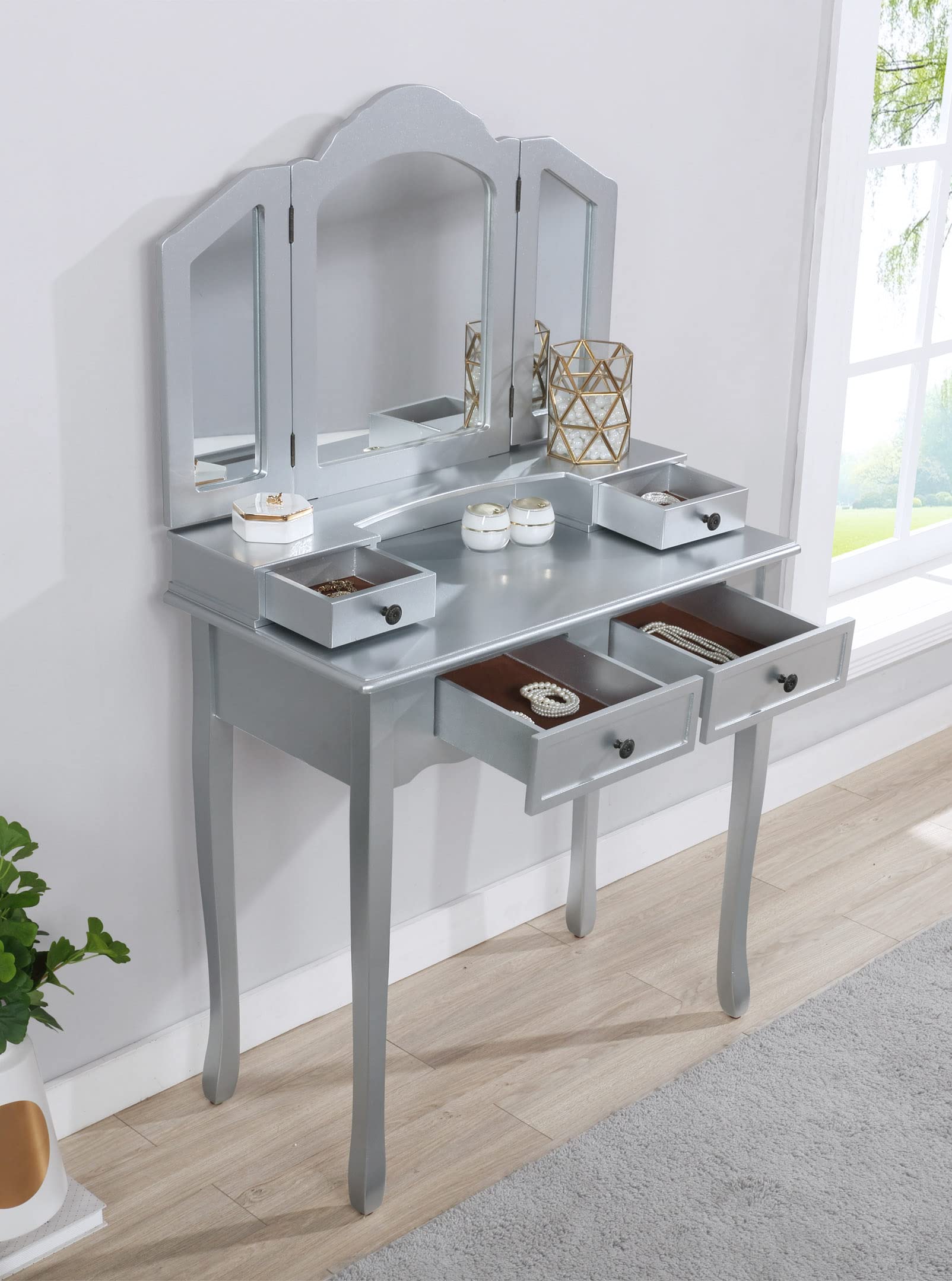 grey vintage dressing table ZEnvya Vanity Vanity Desk with Mirror and Stool, with 3-Panel Beveled Mirror and 4-Drawers, Vanity Set for Bedroom and Small Spaces (Silver) : Home & Kitchen nashvillepr