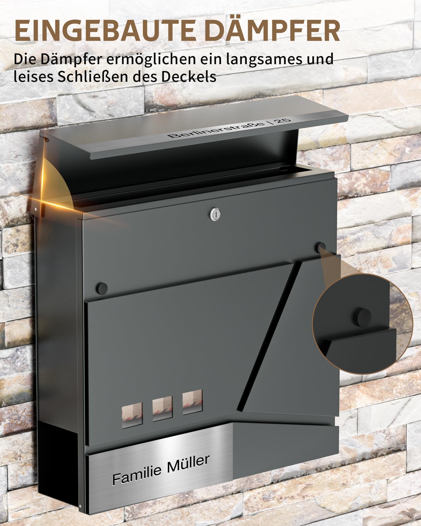 Briefkasten Anthrazit Edelstahl Mit Zeitungsfach(37 X 37 X 10cm), Personalisiert Mit Namensschild, Wetterfest, Aufkleber Gegen Unerwünschte Werbung, Wandbriefkasten Postkasten Briefkästen