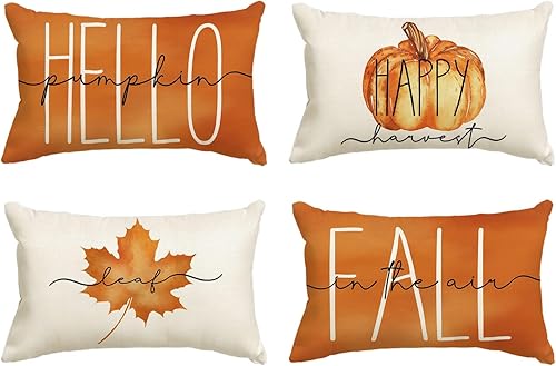 Miniatura 1 de AVOIN colorlife - Juego de 4 fundas de cojín de temporada de otoño con diseño de hojas de arce, con texto de Hello Pumpkin, Fall, Happy Harvest de