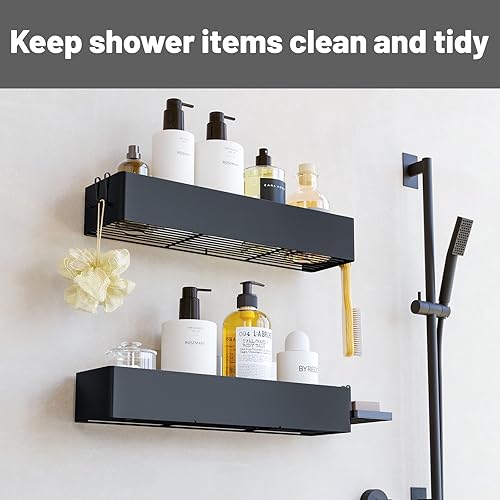 Miniatura 3 de Fixwal Paquete de 3 estantes organizadores de baño con 4 ganchos, resistente a la oxidación, estante de almacenamiento adhesivo fuerte con soporte