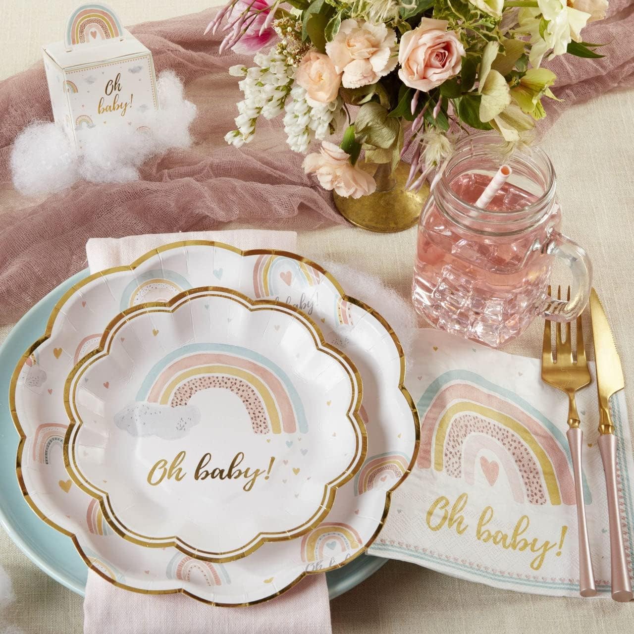 Kate Aspen 64 Pcs Boho Rainbow Paper Plates, 9 Inch Heavy Duty Disposable Party Plates, Party Supplies Tableware for Birthday, Baby Shower, Anniversary Party (Bulk)