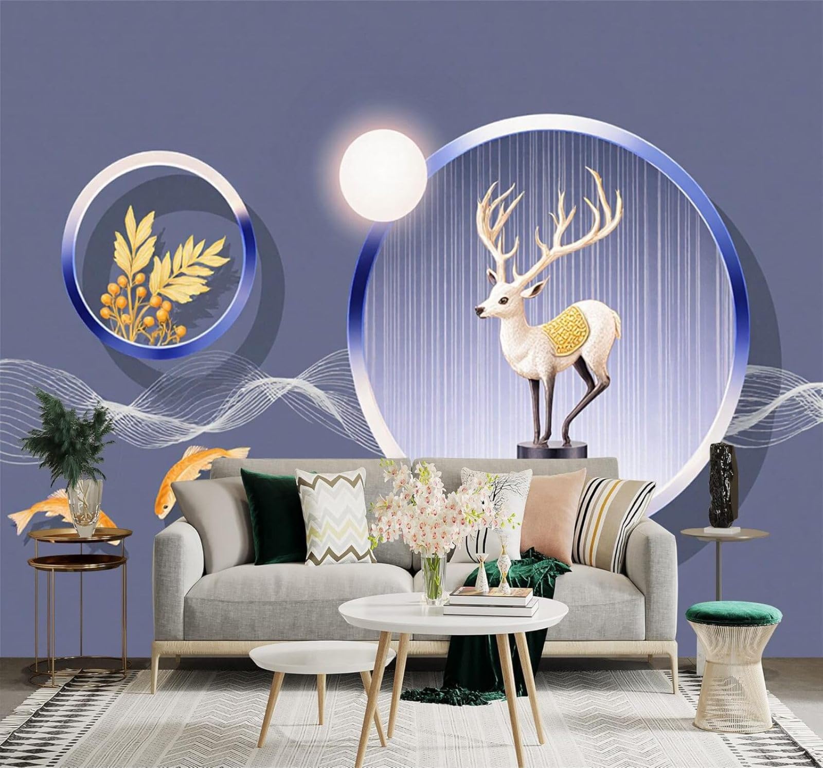 Xlming 350Cm×256Cm(B×H) Golden Deer Koi Abstract Circles Blue Background 3D Wallpaper Silky Texture Home Study Office Grey Dining Room Sofa Bedroom Living Room Tv Backdrop-350Cm×256Cm