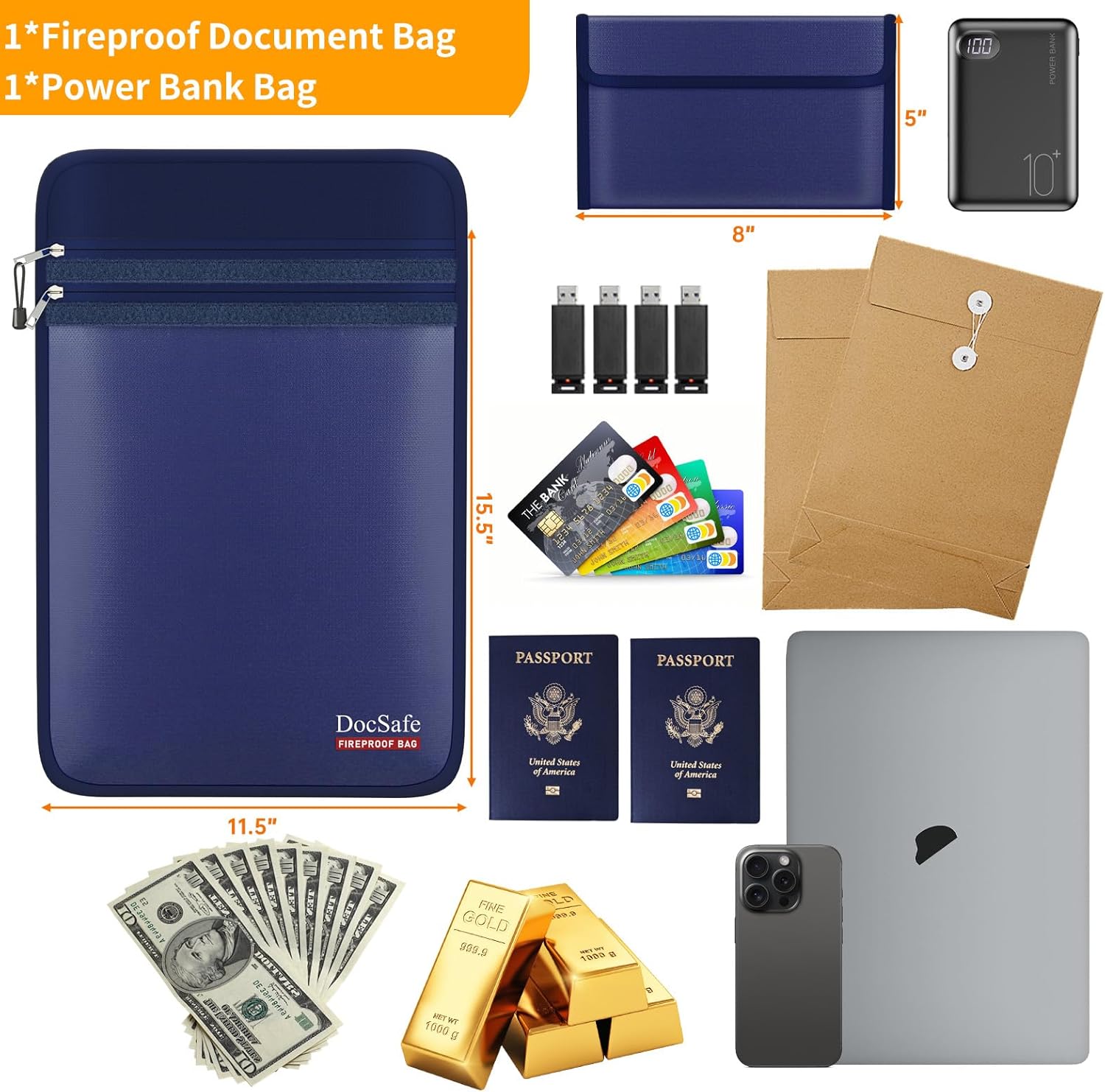 DocSafe Fireproof Document Bag (5200℉) with Fireproof Organizer Travel Case,Heat Insulated Fire＆Water Resistant 8 Layers Safe Money Bag Storage for Important Documents,Cash,Power Bank,Valuables,Blue