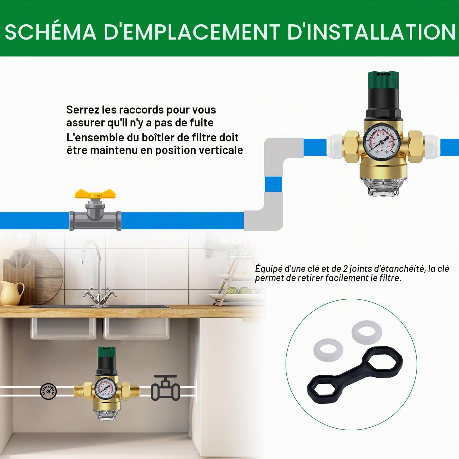 Reducteur de Pression Eau, 1" Limiteur de Pression Avec Manometre Pression Eau Et Filtre à Mailles, Réducteur de Pression d'eau Fabriqué en Laiton Haute Dureté