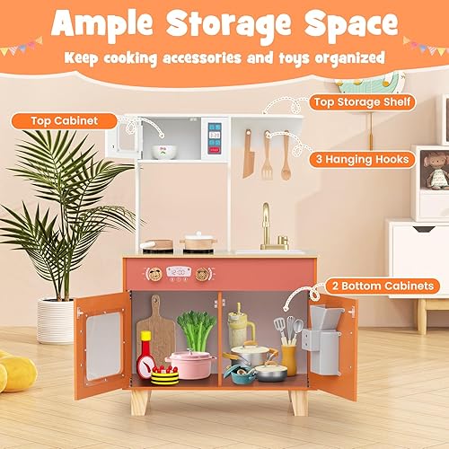 Miniatura 4 de Costzon Cocina de juego para niños, juego de cocina Little Chef con microondas, estufas, pomos de rotación, dispensador de hielo, grifo, fregadero y