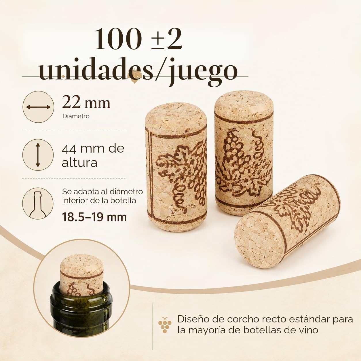 100 tapones de corcho tapones para vino tapones rectos tapones para botellas de vino decoración artesanal 22x44 mm