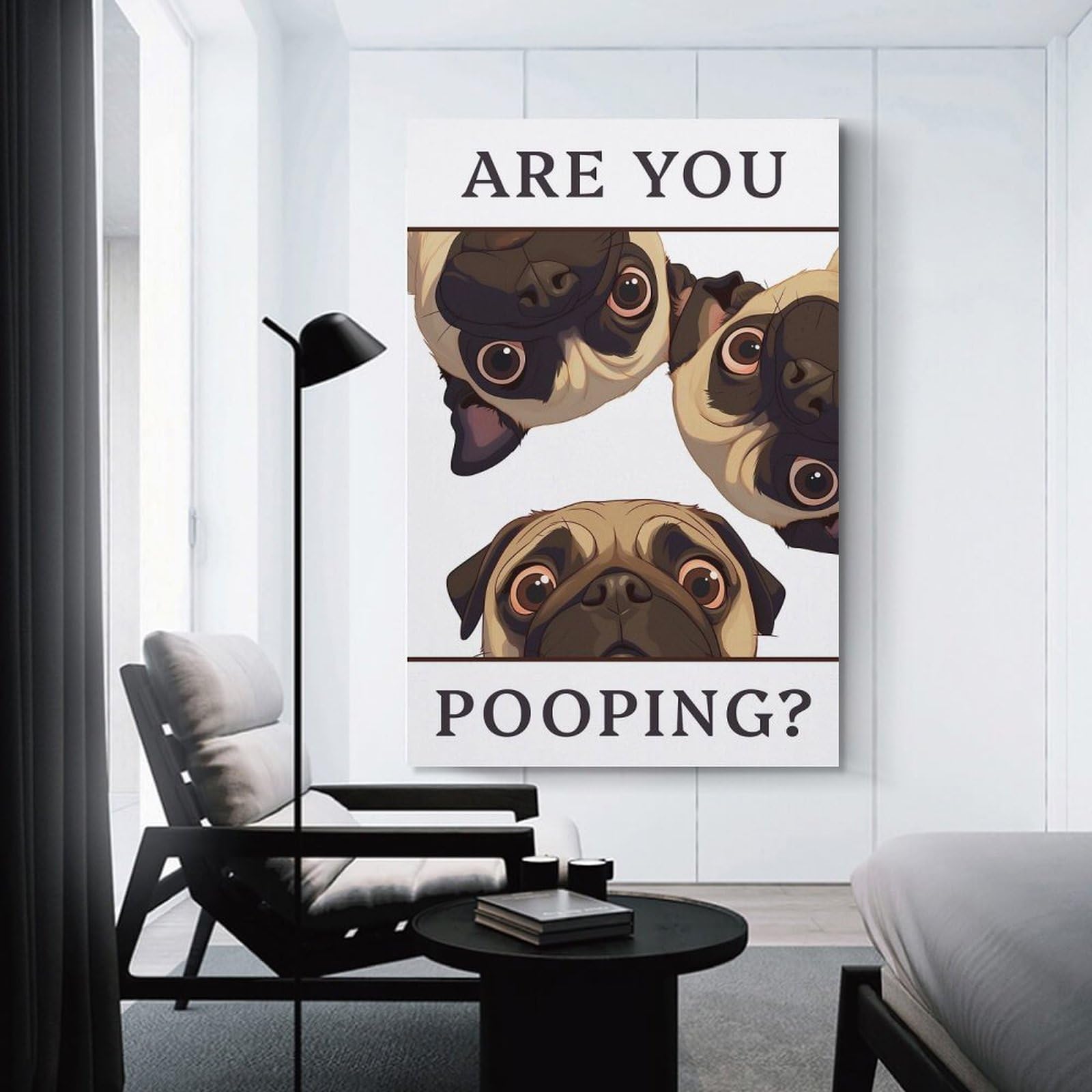 Junmoney Decorative Wall Artwork Pugs in Bathroom Asking Are You Pooping Dog, 24x36inch(60x90cm), for Lounge, Bedroom Or Personal Spaces, Thoughtful Wall Decor for Art Lovers