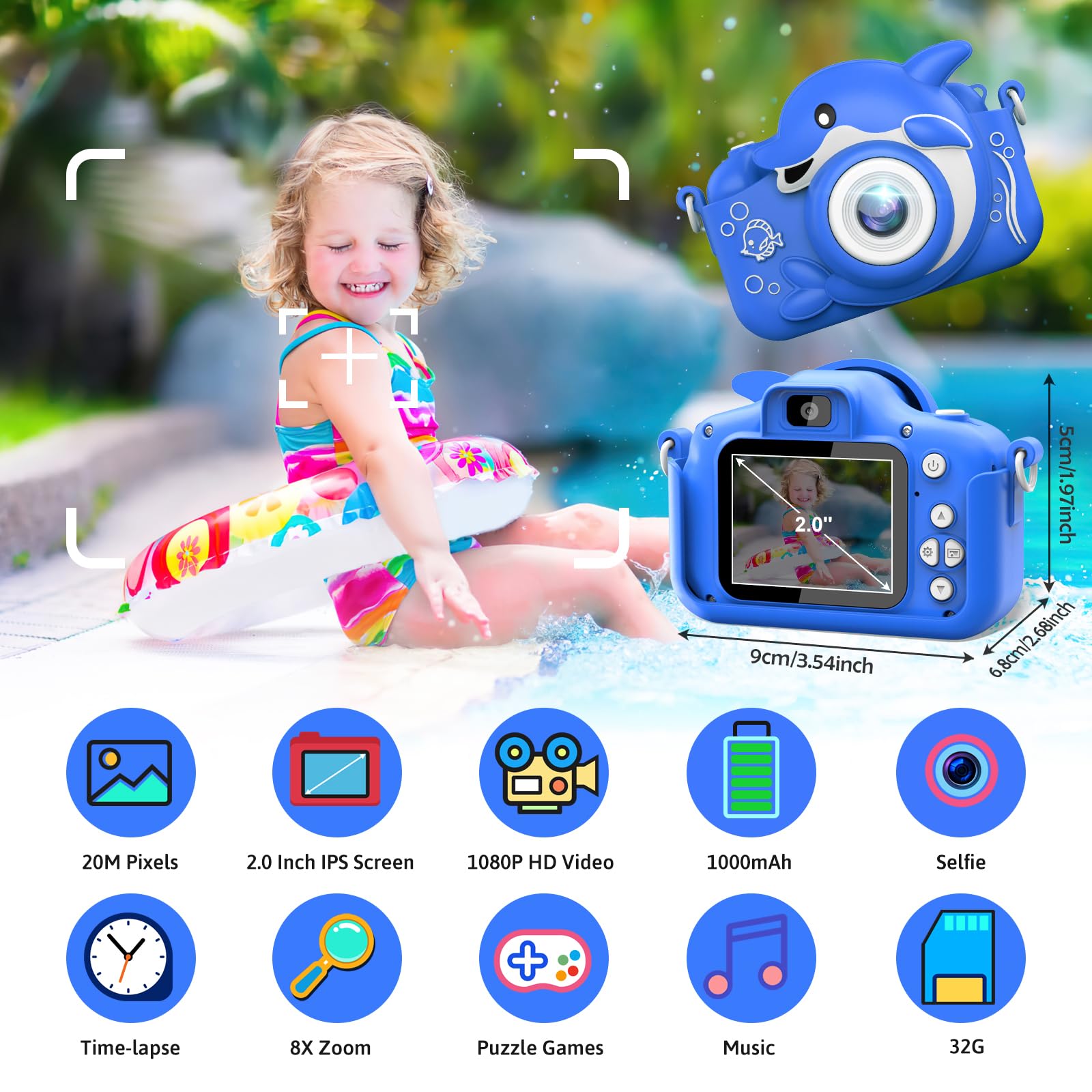 Hangrui Macchina Fotografica Bambini, Fotocamera Bambino con Giochi, 20MP 1080P Selfie Videocamera con 32G, Fotocamere Digitali Regalo Natale &Compleanno da 3 a 12 Anni -Blu