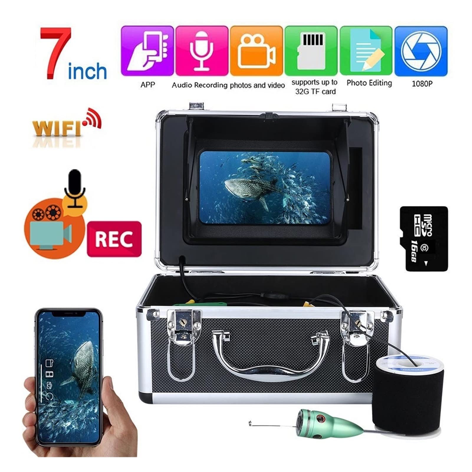 Fischfinder, Fischfinder Unterwasserfischen 1080p Kamera Kit 7 Zoll W-LAN Wireless 1. 6 GB Videoaufnahme DVR + 15m 6W IR