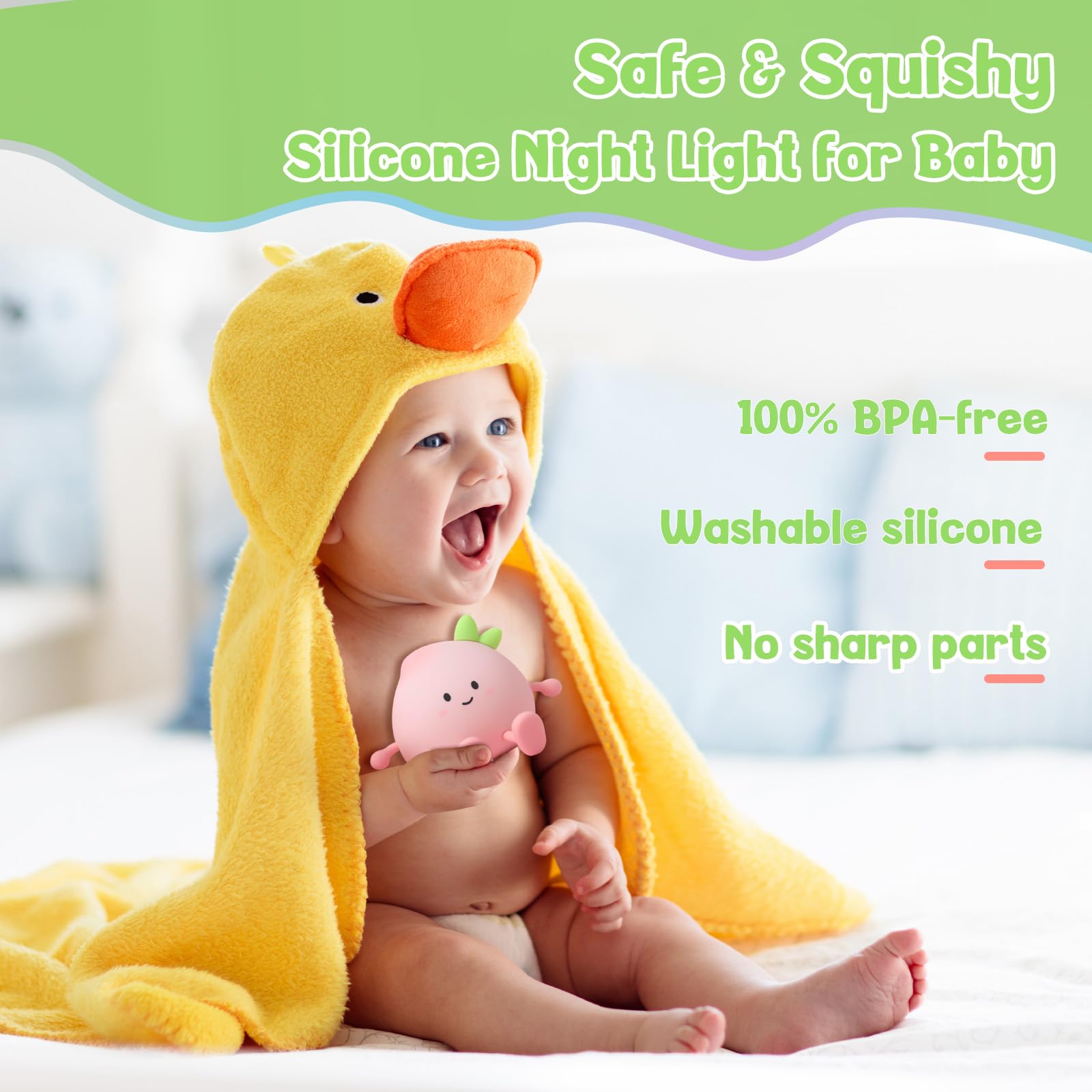 Luce Notturna Bambini, Kawaii Silicone Pesca Luce Notturna per Bambini, 3 Modalità di Luces, Ricaricabile Lampada Touch Peach con 20 Minuti Timer, Luces Notturna Neonato Cameretta Bambina (Pesca)