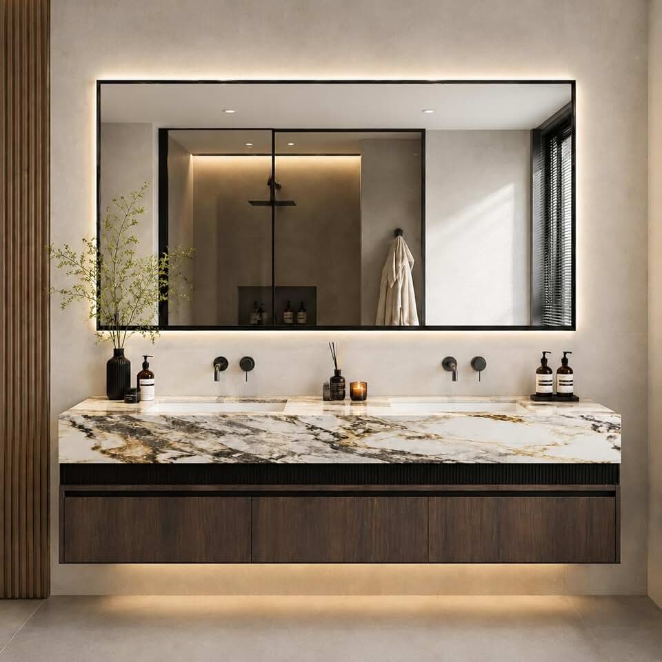 108 in Double-Sink Floating Bathroom Vanity with LED Backlit Mirror
