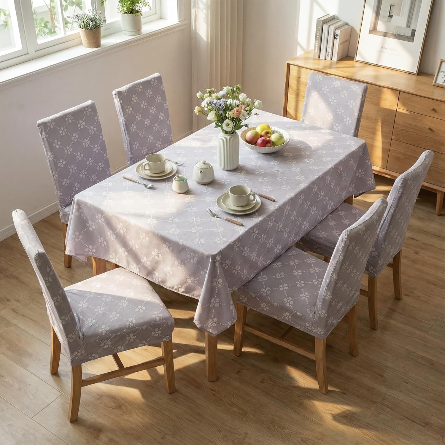 7 Pcs Christmas Tablecloth and Chair Covers Set Stretchable Washable Red Santa Holiday Table Cover and Seat Protector Slipcovers for Xmas Dining Room Kitchen Party (Rectangle,80 x 55 Inch)