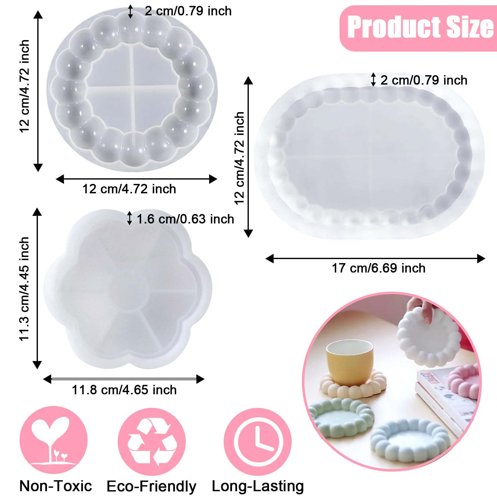 3Pcs Bubble Coaster Mould Set, Bubble Tray Epoxy Resin Casting Mould, DIY Oval Flower Plate Mold - Image 2