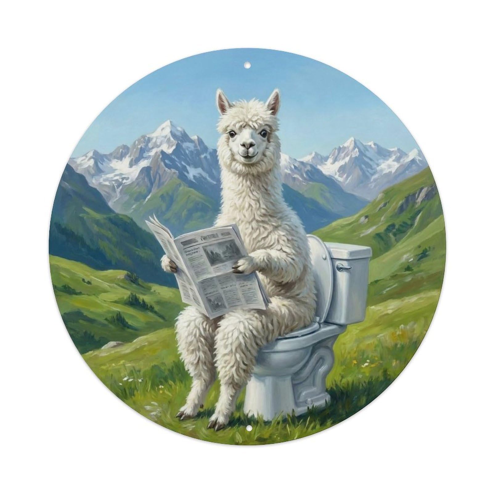 Alpaca On Toilet Humorous Bathroom Mountain Pasture Metal Tin Sign