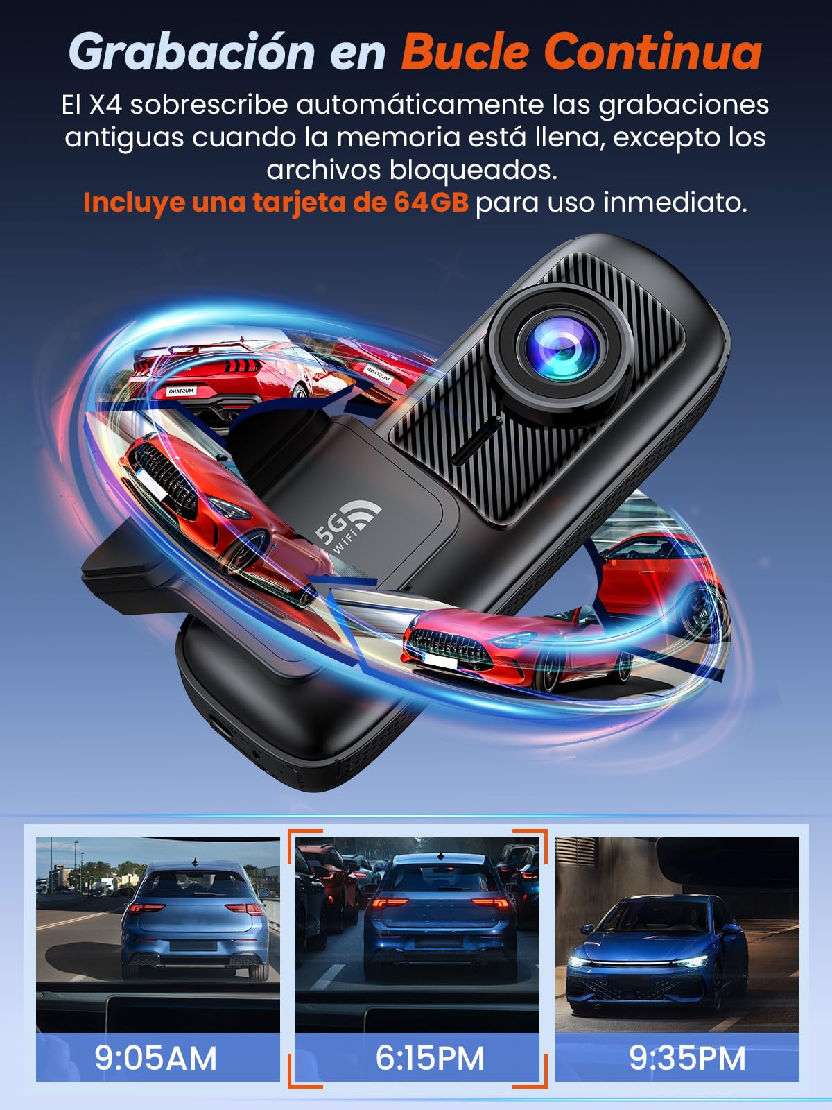 Dashcam Coche Delantera y Trasera, Cámara 4K+1080P, Wi-Fi 5G con Control vía App, Tarjeta SD 64GB, Visión Nocturna, Aparcamiento 24H, Sensor G, Gran Angular 170°, WDR, Instalación Fácil (X4)