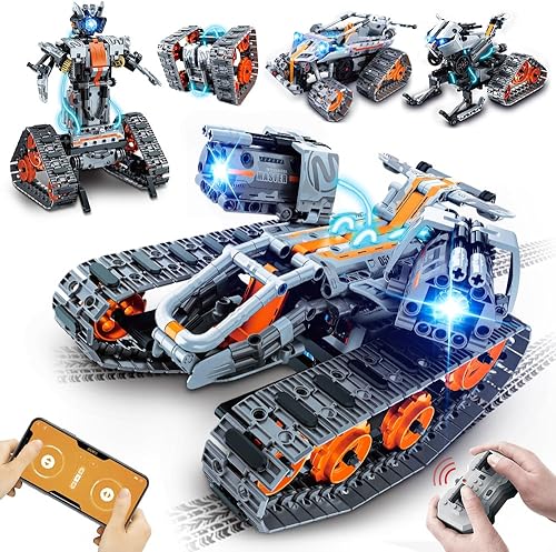 HOGOKIDS Juego de construcción STEM 5 en 1 con luz LED – APP y kit de juguetes de construcción de coches con control remoto, robot a control remoto,