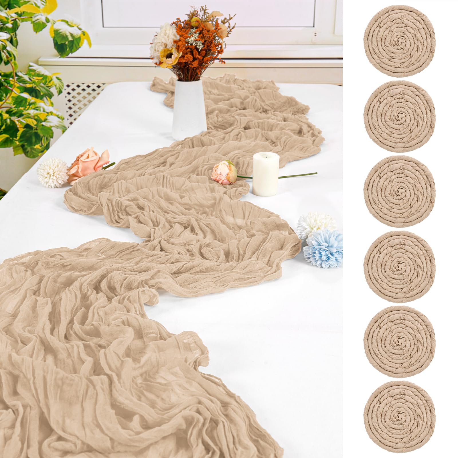 FXKS 6 PCS Beige Cheesecloth Table Runner,55x300 cm Table Runner