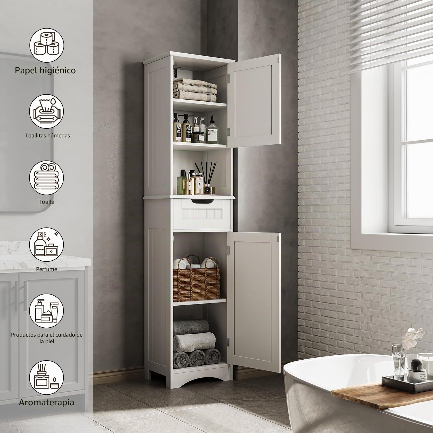 Bealife Mueble Columna de Baño Estrecho，Alto Muebles auxiliares de baño con Estantes Ajustables, 1 Cajón, Puertas y Compartimento Abierto, 170X40X30CM