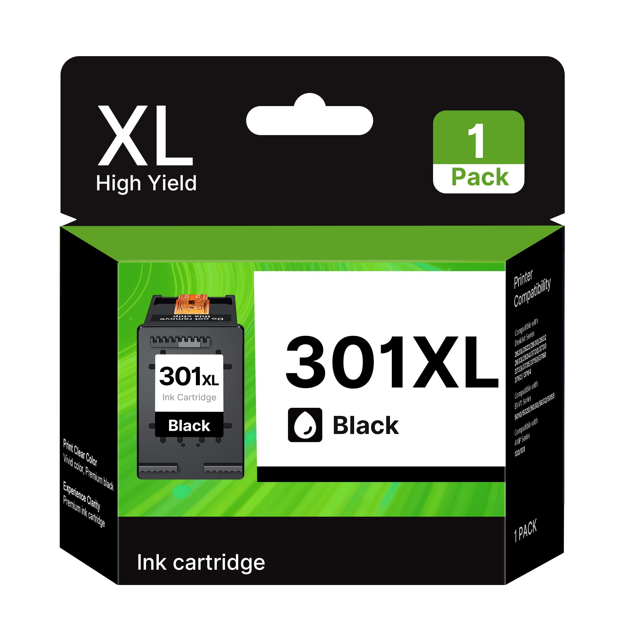301 XL Nero Cartuccia d'inchiostro per HP 301 XL per HP 301 nero per Envy 4500 4504 5530 5532 5534 DeskJet 2540 2548 1510 2050 3050 1050 Officejet 4630 2620 2622 Stampante multifunzione (Nero, 1-Pack)