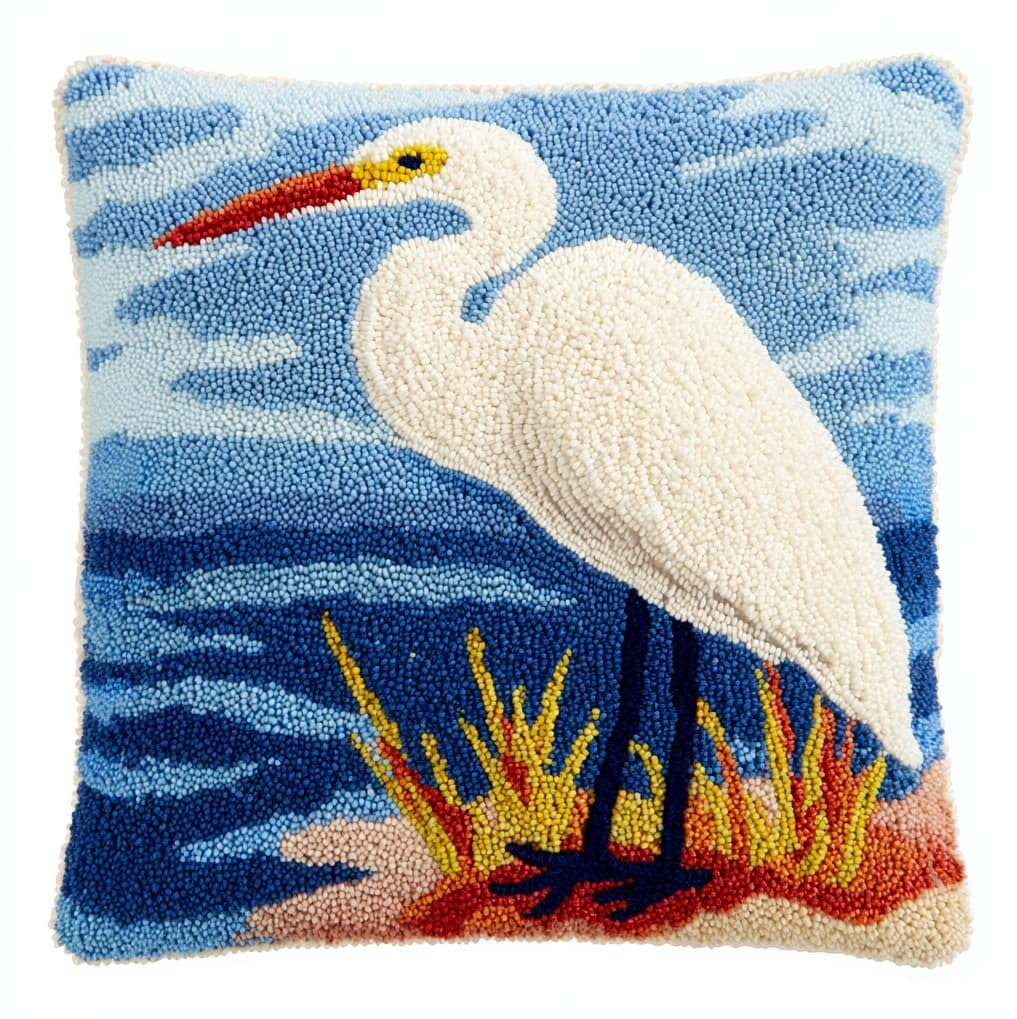 AxiangziK Pre-Printed Latch Hook Pillow Kit for Adults,Animal egret Beginners DIY Crochet Pillow Kit 17X17Inch Needlework Cushion Cover for Home Sofa Decoration