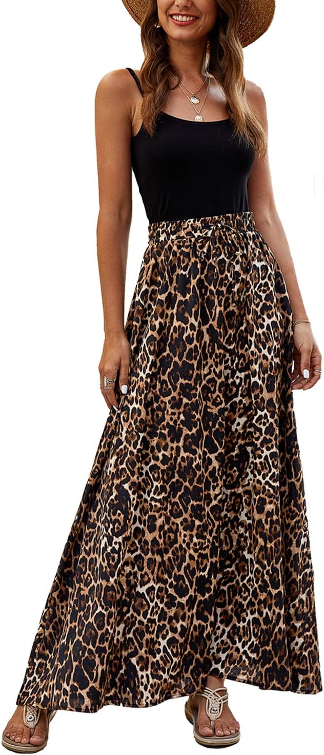 Women Flowy Long Skirts Summer Beach Pleated Elastic High Waisted Casual Maxi Skirts
