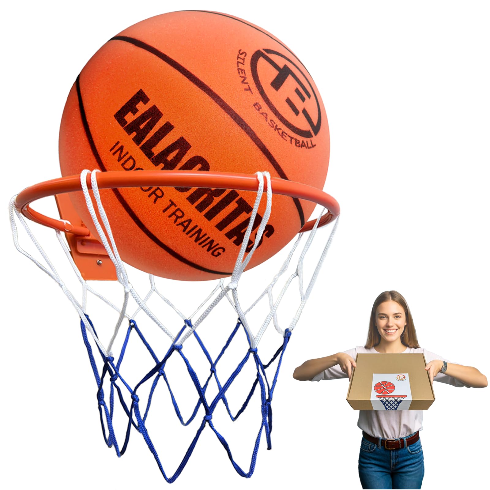 Ealacritas Silent Basketball Gift Set with Foldable Hoop - Durable Foam Basketball for Indoor Dribbling & Shooting Practice, Perfect for Rainy/Snowy Weather (Orange, No.7, 9.45