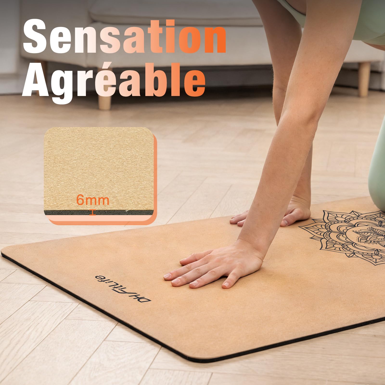 DH FitLife Tapis Yoga Liège Antidérapant Caoutchouc Naturel Pilates Fit | Sangle Transport｜Yoga Pilates｜Tapis Yoga Antidérapant｜Liège Naturel｜Caoutchouc Naturel｜Facile à Nettoyer