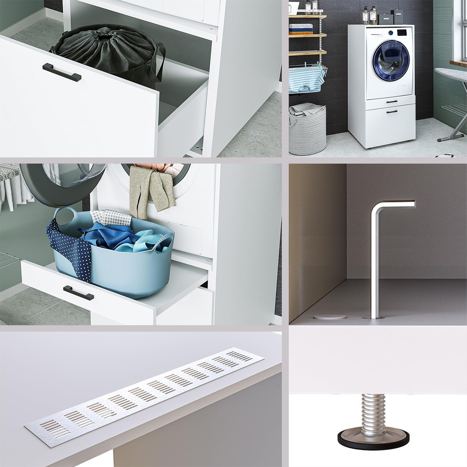 ROOMART , Waschmaschinenschrank mit Schrankaufsatz, Schublade & Ausziehbrett, Weiß, Schwarz Eiche, Waschmaschinenüberbau (Schrank + Aufsatz (62 cm), Weiß)