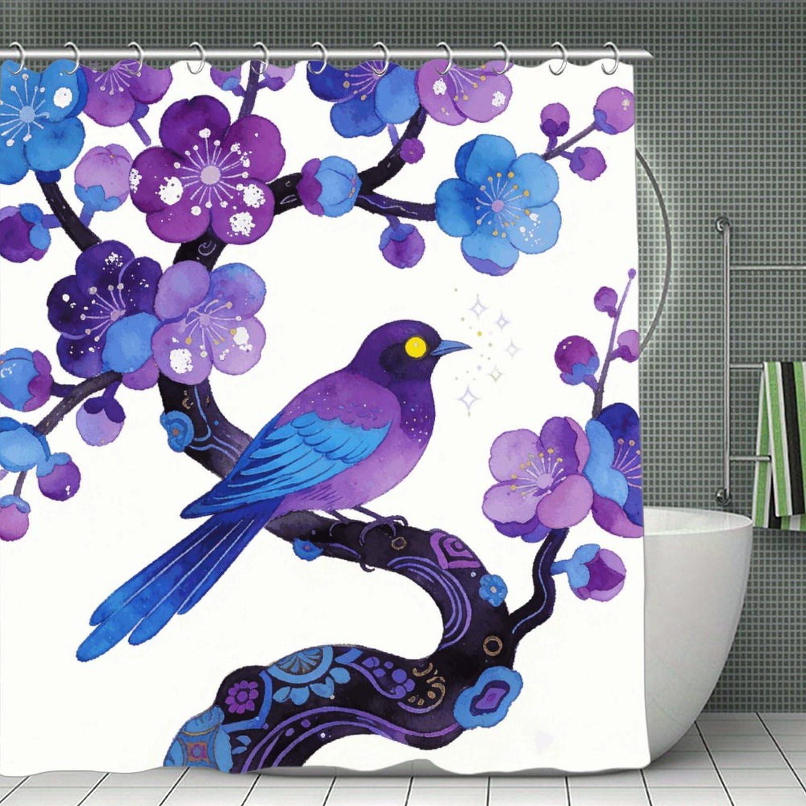 VstaDank Purple Plum Blossoms Adorn Sparrows Shower Curtain Light-Weight Blackout Bathroom Curtain Washable Shower Liner 71x71 Inch Bath Curtain with Metal Holes Bathtub Bath Room